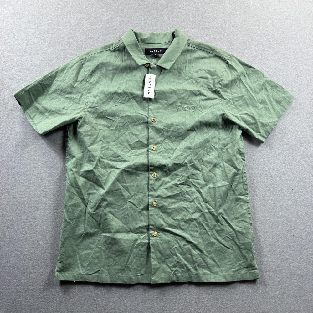 PacSun Shirt Mens Medium Green Linen Short Sleeve Button Up Casual‎ Lightweight